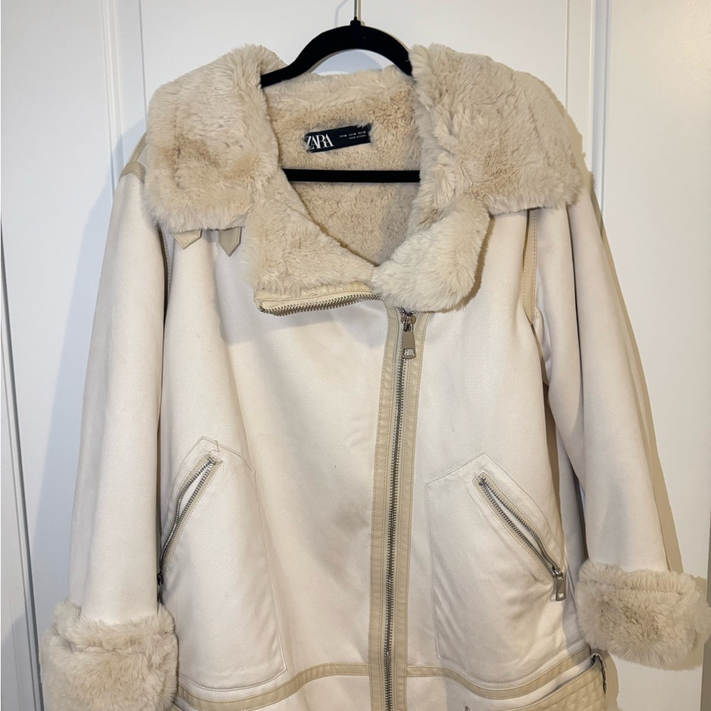 ZARA Faux Shearling Jacket Cream Biker Coat Size M Cozy Teddy Winter